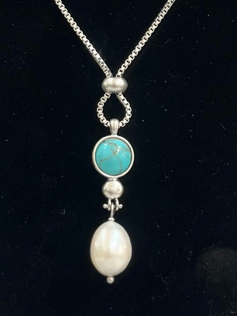 Lucky Brand Silver-Tone Necklace with Turquoise Stone and Pearl Drop Pendant